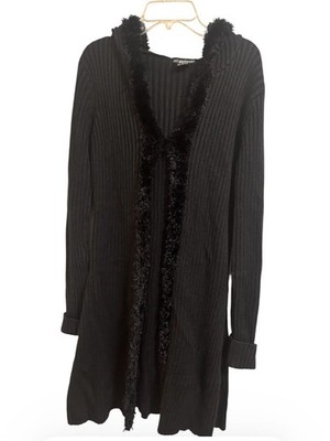 52 Weekends Black Duster Sweater Ribbed Faux Fur Hood Witchy Fairy Grunge Large