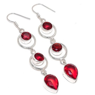 Handgefertigter roter Granat Edelstein 925 Sterlingsilber Schmuck Ohrring Grö...