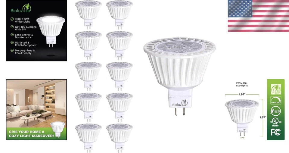 10-Pack MR16 LED Lights, 7W Dimmable Soft White, GU5.3 Halogen Bulb Equivalent - Image 2 of 4
