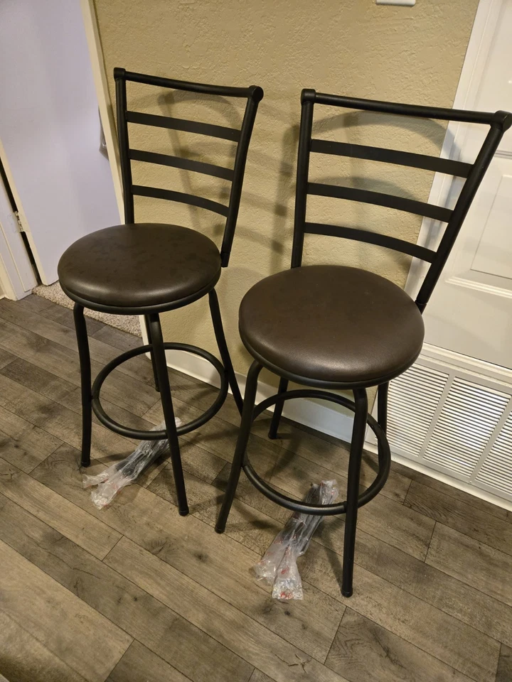 Pair Of Barstools. Brown Leather Seat, Back, Swiveling - Image 2 of 4
