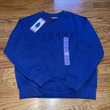 NWT Costco Esprit Women's Logo Fleece Crewneck Blue Viral 80's Vintage teen XS