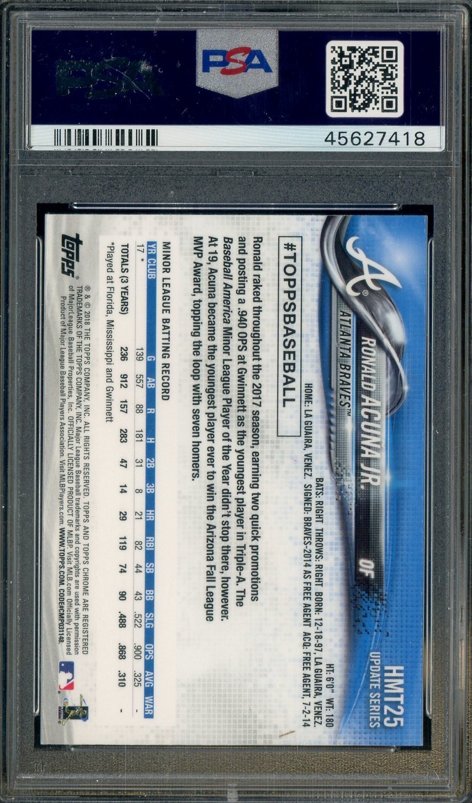 2018 Topps Chrome Update #HMT25 Ronald Acuna Jr Atlanta Braves RC Rookie PSA 10 view 2
