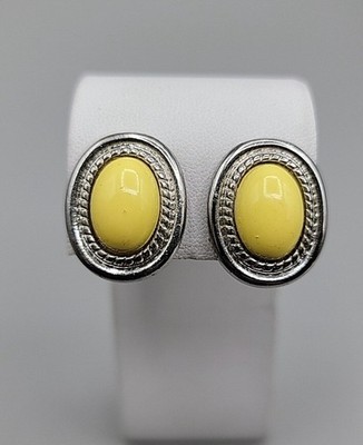 Vintage Robert Rose Yellow Cabochon Clip On Earrings Silver Tone Original Card