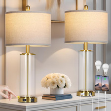 Elegant 26" Gold Glass Table Lamps Set of 2 with USB Ports  Dimmable Touch Cont
