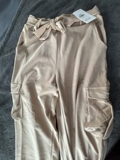 Women's Khaki Cargo Pants Elastic Waist Tie Pockets Solid Plain