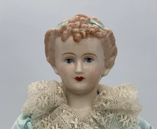 Reproduction Queen Anne China Doll 17” Marked Queen Anne Blue Satin Dress