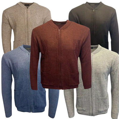 Herren Rundhals Strickjacke durchgehender Reißverschluss Langarm Zopfmuster mit Taschen M-2XL