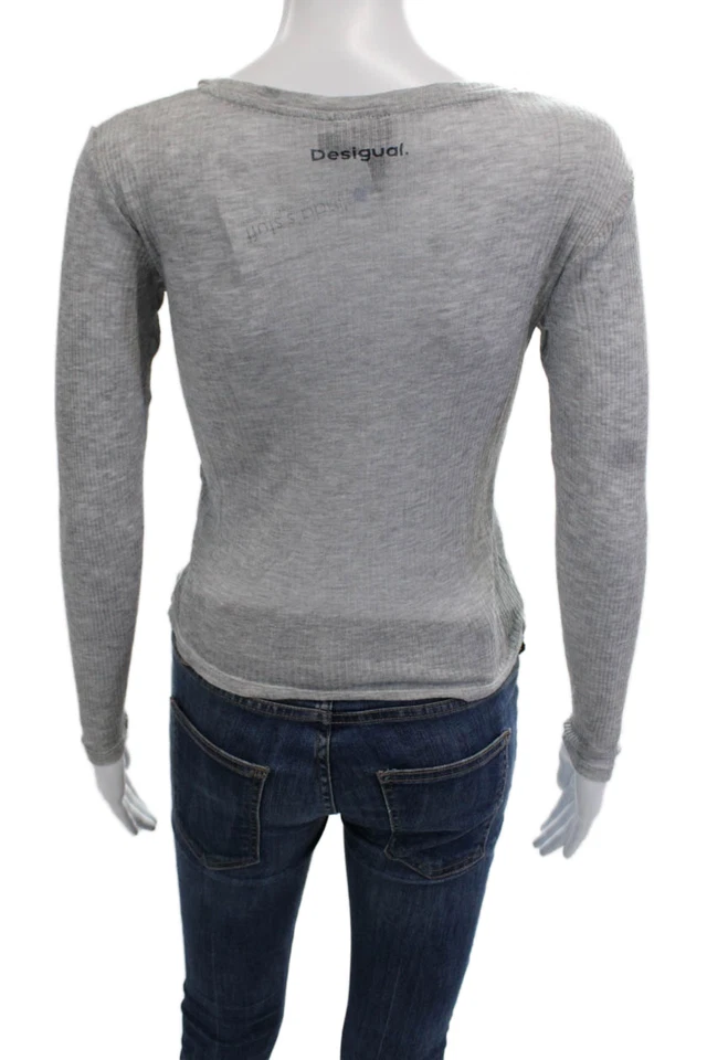 Desigual Women Jersey T-Shirt Gray Floral Round Neck Long Sleeve Cotton Size XS - Image 3 of 4