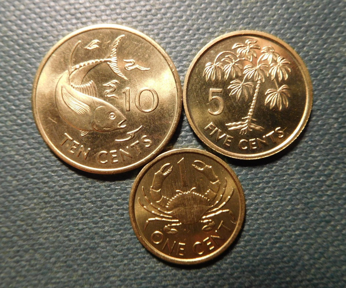 SEYCHELLES  SET OF 3 COINS  1994,95,97  1, 5, 10 CENTS  GRADE UNC. Free shipping