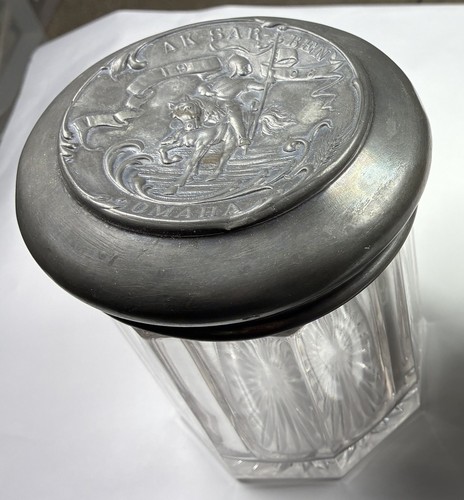 ANTIQUE COMMEMORATIVE TOBACCO JAR. 1906 AK-SAR-BEN Omaha. Glass & Pewter 6" Tall