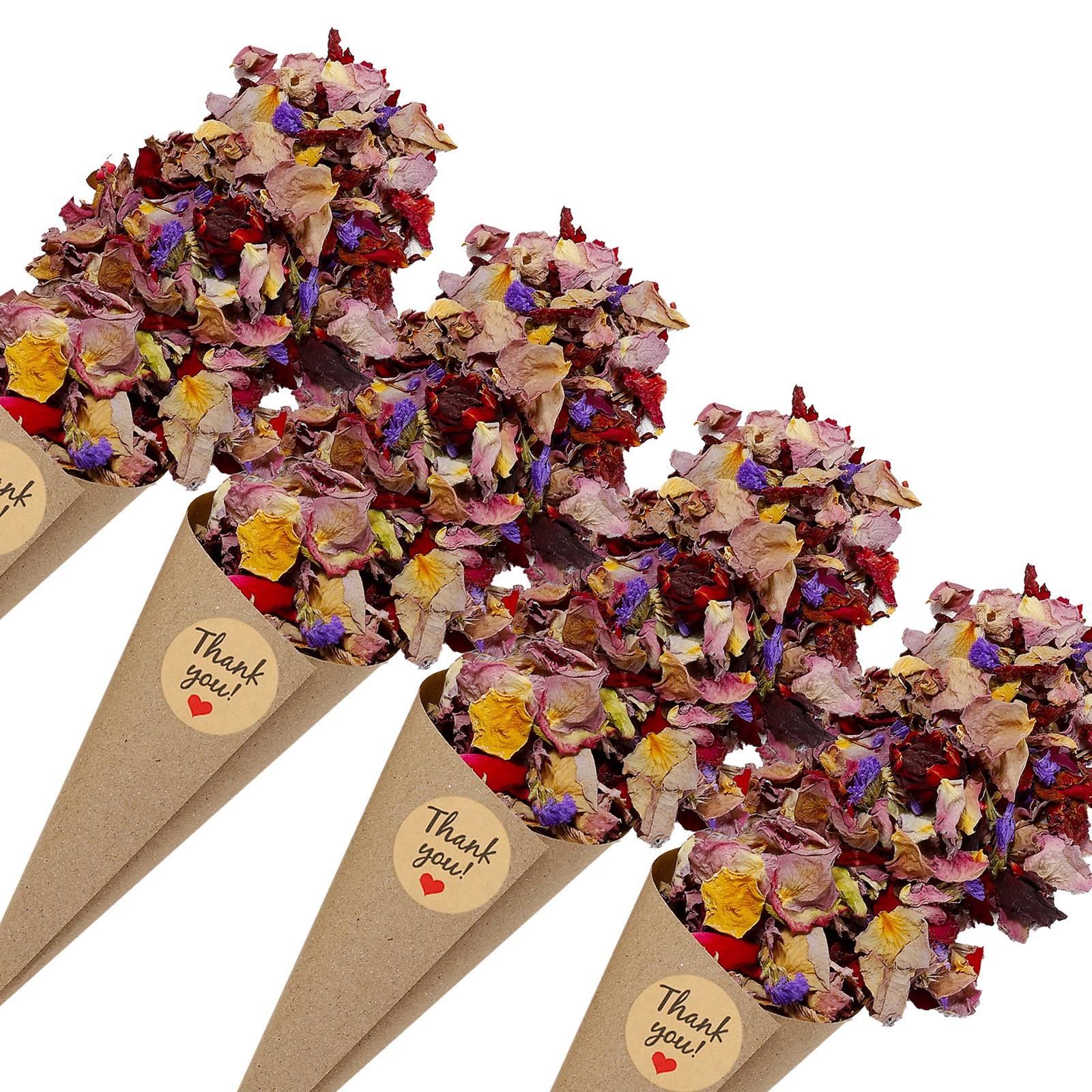 30 Pcs Dried Flower Confetti Cones with Dried Rose Petals & Sticker Purple