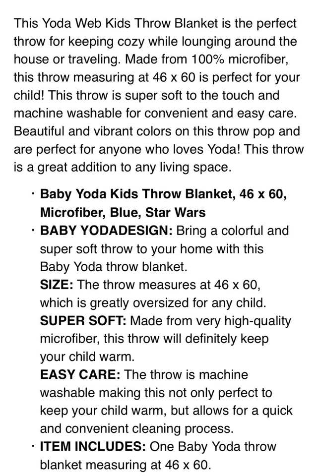 星球大战宝贝尤达超细纤维毛绒毯子! 全新! 46x60英寸 — 第 3/4 张图片