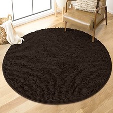 Round Bath Mat Non-Slip Chenille 3 Feet Shaggy Bathroom Round 34 inches Brown