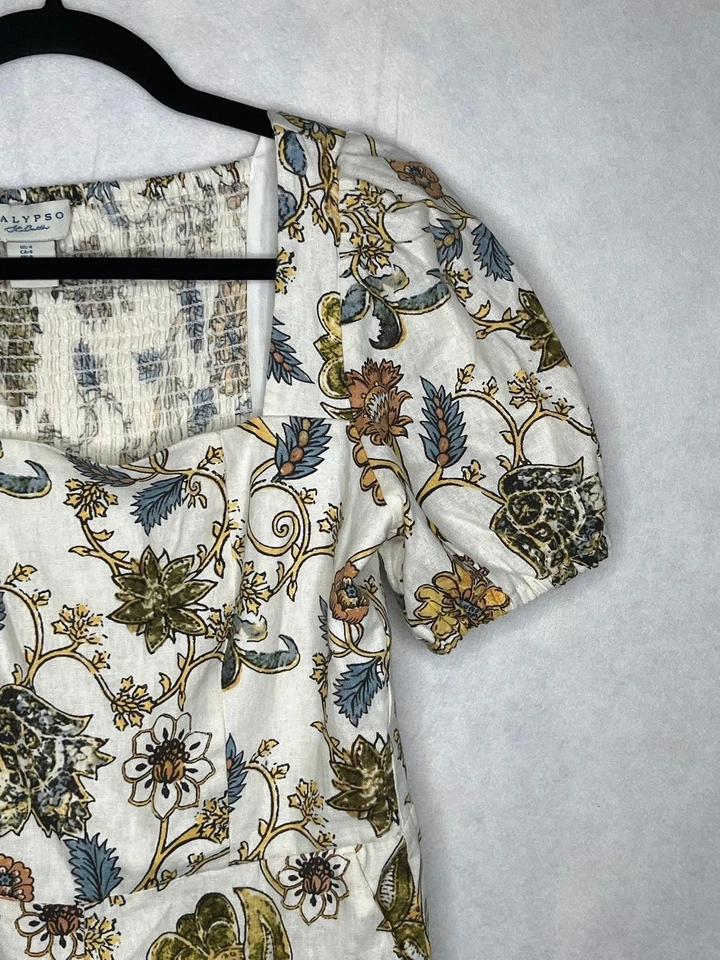 Vestido Calypso St. Barth Mujer 4 Blanco Floral Lino Cuello Cuadrado Manga Abullonada Foto 4 de 4