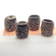 4 Tiki Faces Brown Ceramic Macrame Beads Craft Vintage for Plant Hangers
