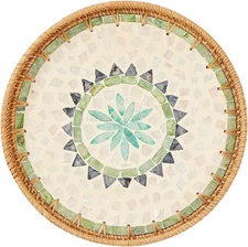 Round Rattan Tray with Mother of Pearl Inlay, Rattan Serving Tray w/Wooden Base