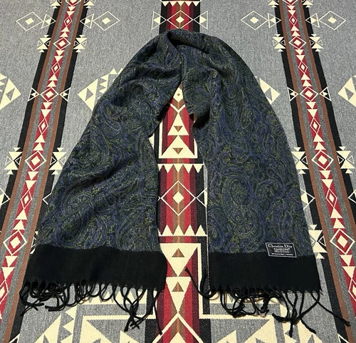 Christian Dior "Cashluxe" foulard acrylique frange cachemire 14 x 66 pouces vintage T22