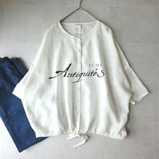 ICHI Antiquites Three-quarter Sleeve Dotted LInen Blouse White Free Size Used