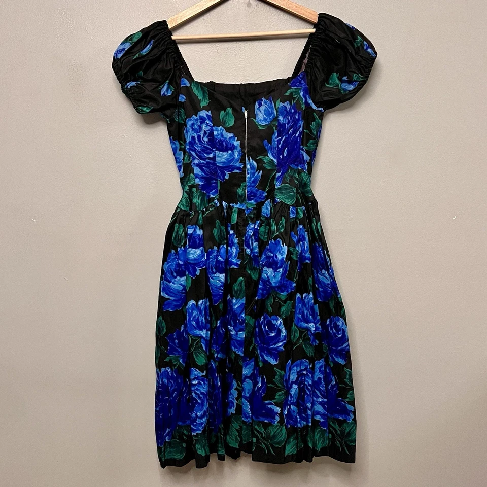 VTG 50s Suzy Perette Couture Blue Roses Print Party Dress Rockabilly Pin-Up S/M - Image 4 of 4