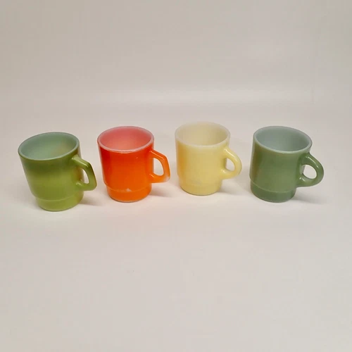 Lot 4 Vintage Coffee Mugs FIRE KING Ware Anchor Hocking Green Orange Yellow ~E9