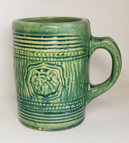 Vtg Early McCoy Pottery Mug Green Beer Barrel w/ Shield