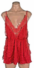 Vtg 90s Negligee Open Sides Red Lace Nylon Romper Lingerie Babydoll sz S