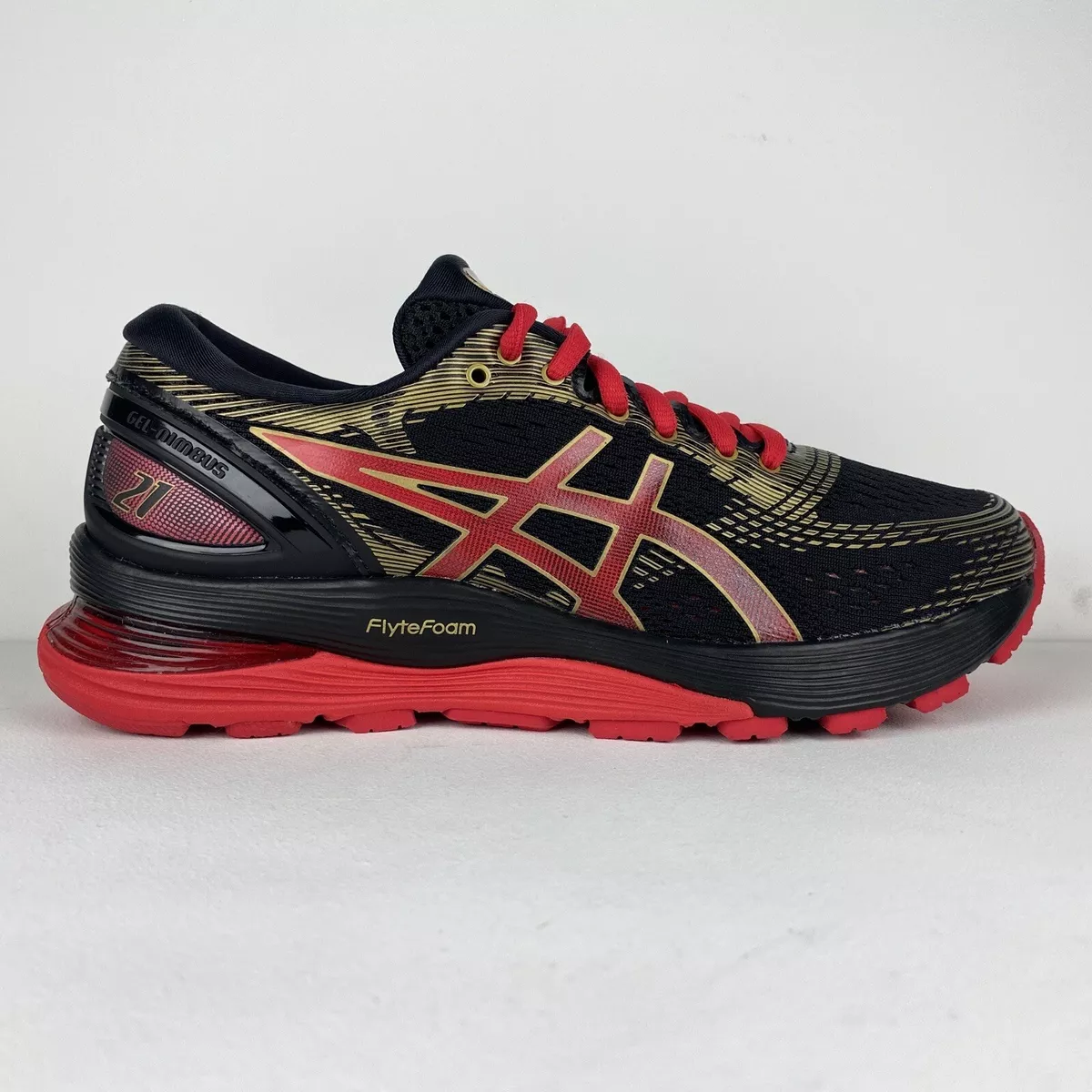 Asics Gel Nimbus 21 Black Classic Red Women Running Sneakers