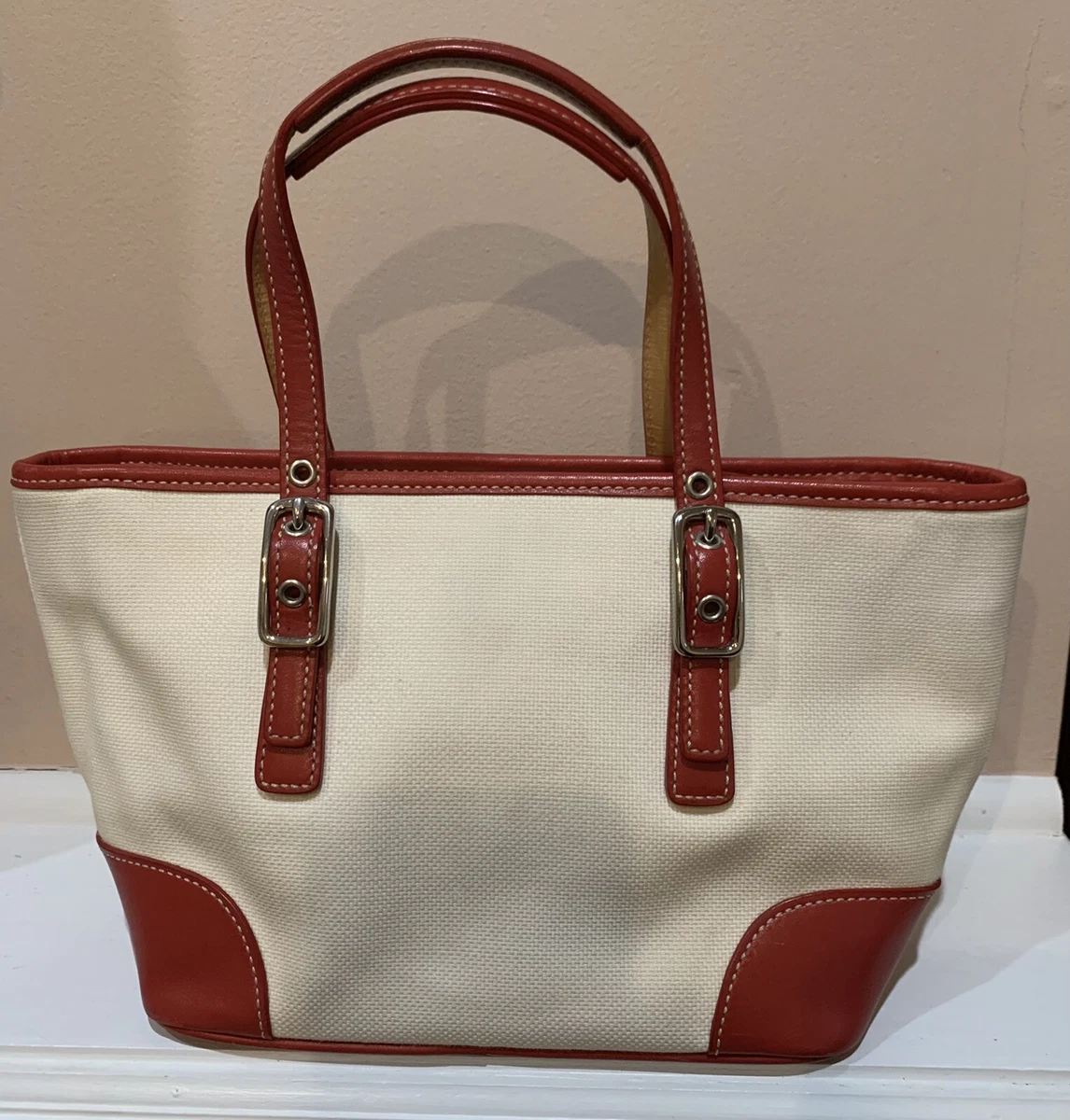Coach canvas tote with leather trim sales
