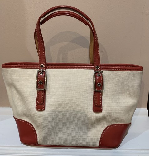 Coach Hampton Cream Canvas Red Leather Trim Small Tote Handbag L33-9557 - Picture 2 of 6