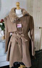 Chicwish Double Breasted Fur Trim Belted Coat Jacket Size 14 Brown