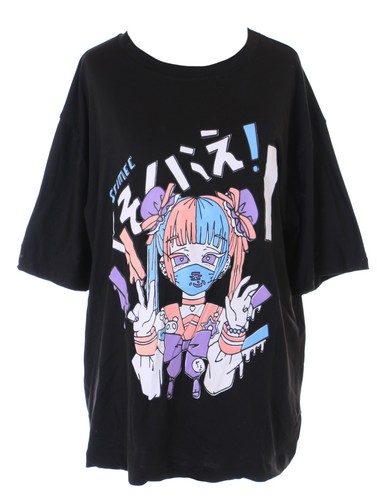 TP-359 Schwarz Manga Zeichnung Pastel Goth T-Shirt Kurzarm Harajuku Kawaii Punk  - Bild 1 von 6