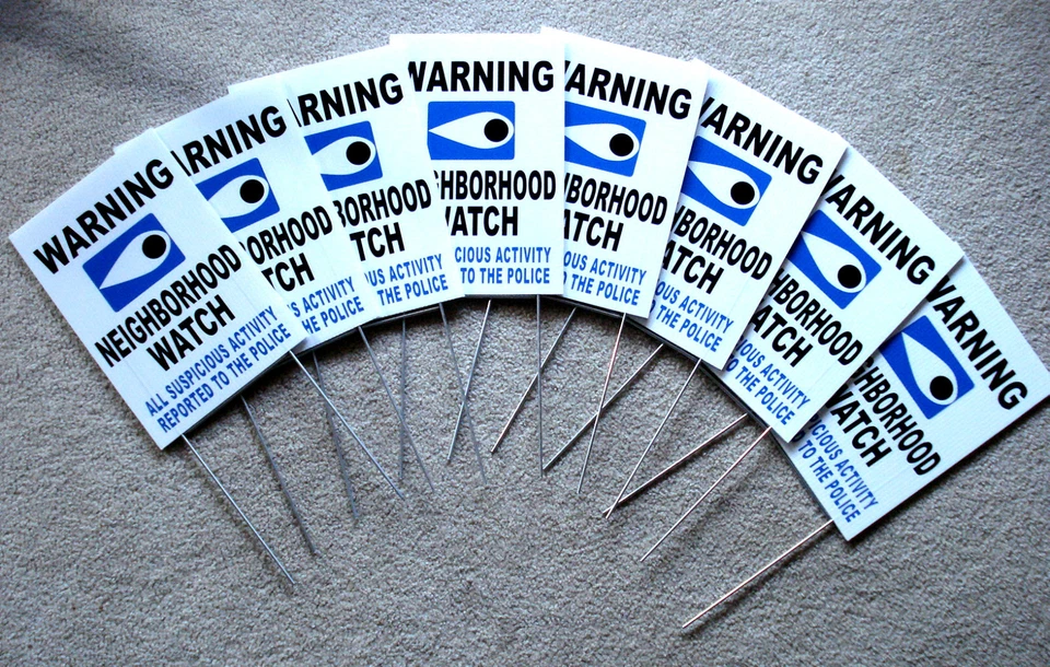 HARRINGTON SIGNS 8 WARNING NEIGHBORHOOD WATCH POLICE SIGNS w/Stakes 8x12 Plastic Coroplast