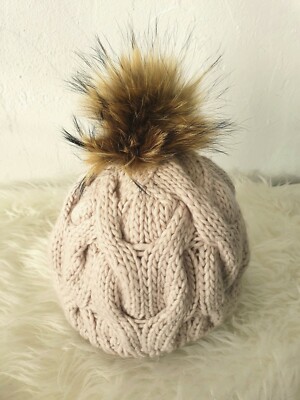 Damen Mütze Beanie Pudel Strickmütze Winter Fell Pelz Bommel beige  A-M-8405
