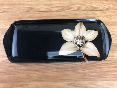 Melamaster Tablett in rechteckiger Form schwarz mit Lilien-Design