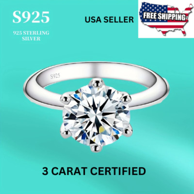 Engagement Ring 3 Ct Certified Rnd Cut Moissanite Solitaire Sterling Silver 925