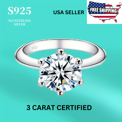 Engagement Ring 3 Ct Certified Rnd Cut Moissanite Solitaire Sterling Silver 925