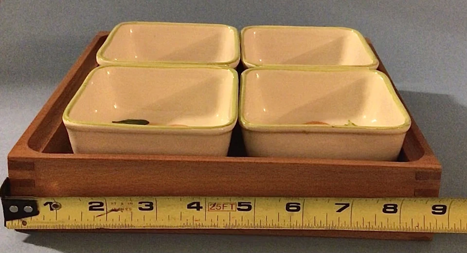 Vintage Hand Painted Ceramic Service Dishes Japanese Wood Tray Set - Image 2 of 4