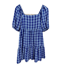 American Eagle Tiered Babydoll Mini Dress Small Navy White Plaid Puff Sleeve