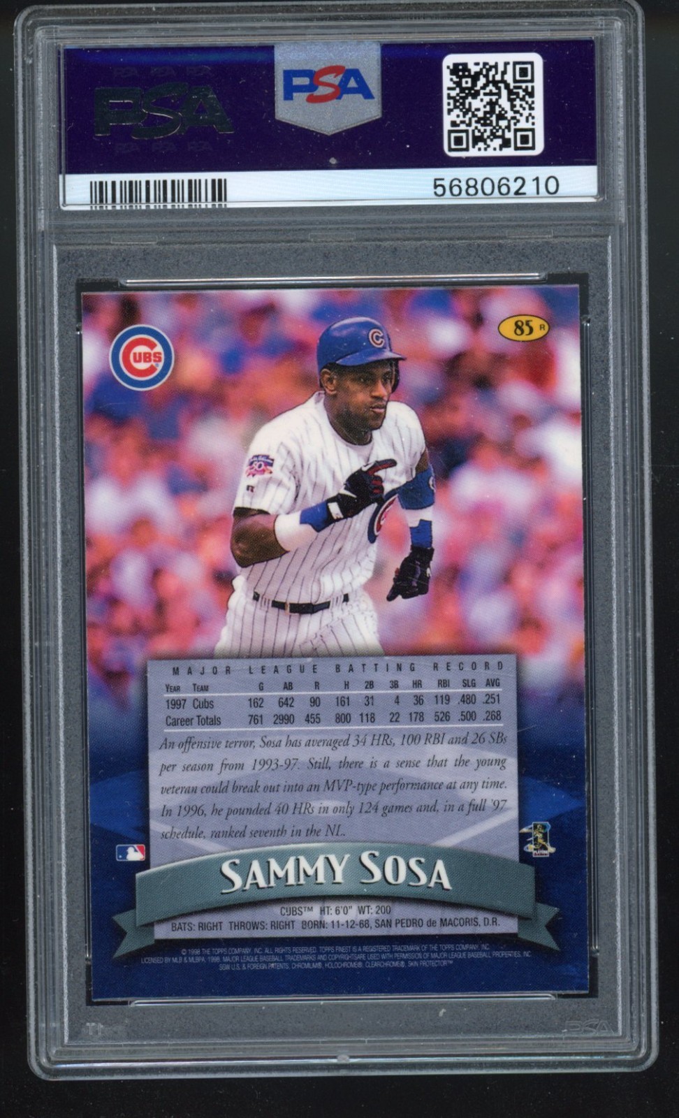 1998 Topps Finest Refractor SAMMY SOSA PSA 8 NM-MT Cubs #85 view 2