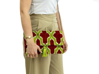 Handmade Ikat Silk Velvet Clutch Bag 12 x 7 in Crimson Green Geometric Evening