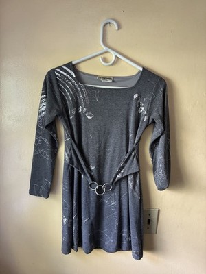 Unique Acubi Mod Shift Mini Dress Metallic Silver Gray Longsleeve Womens XS