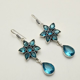 Blue Topaz Gemstone Handmade Drop Dangle Earrings Jewelry Gift 2.4" AE 19529