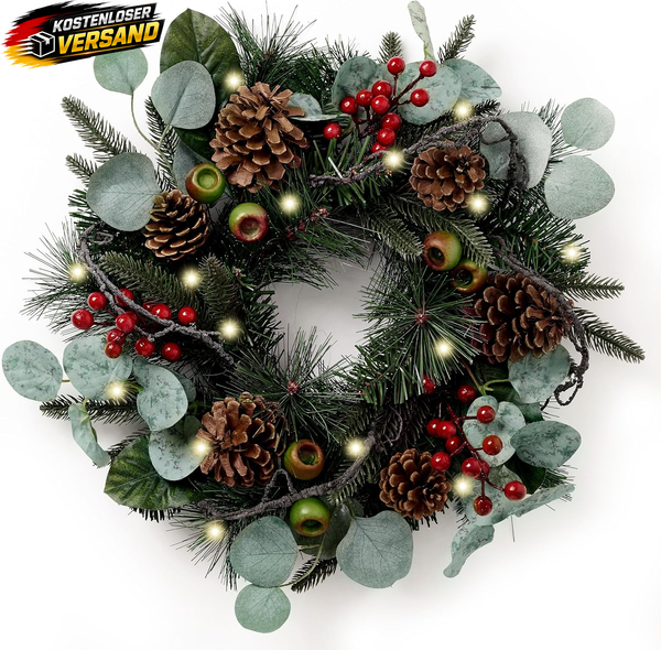Weihnachtskranz Mit Beleuchtung FüR HaustüR 46Cm Rot GrüN Tannenzapfen Beeren-image