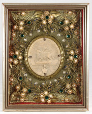 Klosterarbeit 19. Jh. mit Agnus Dei von Papst Benedikt XIV. um 1750 Sakramentale