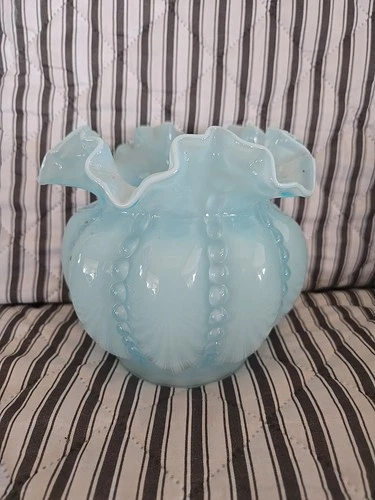 5" Beaded Melon Vase, Hand Crimped, Baby Blue Overlay Pattern, Fenton Art Glass