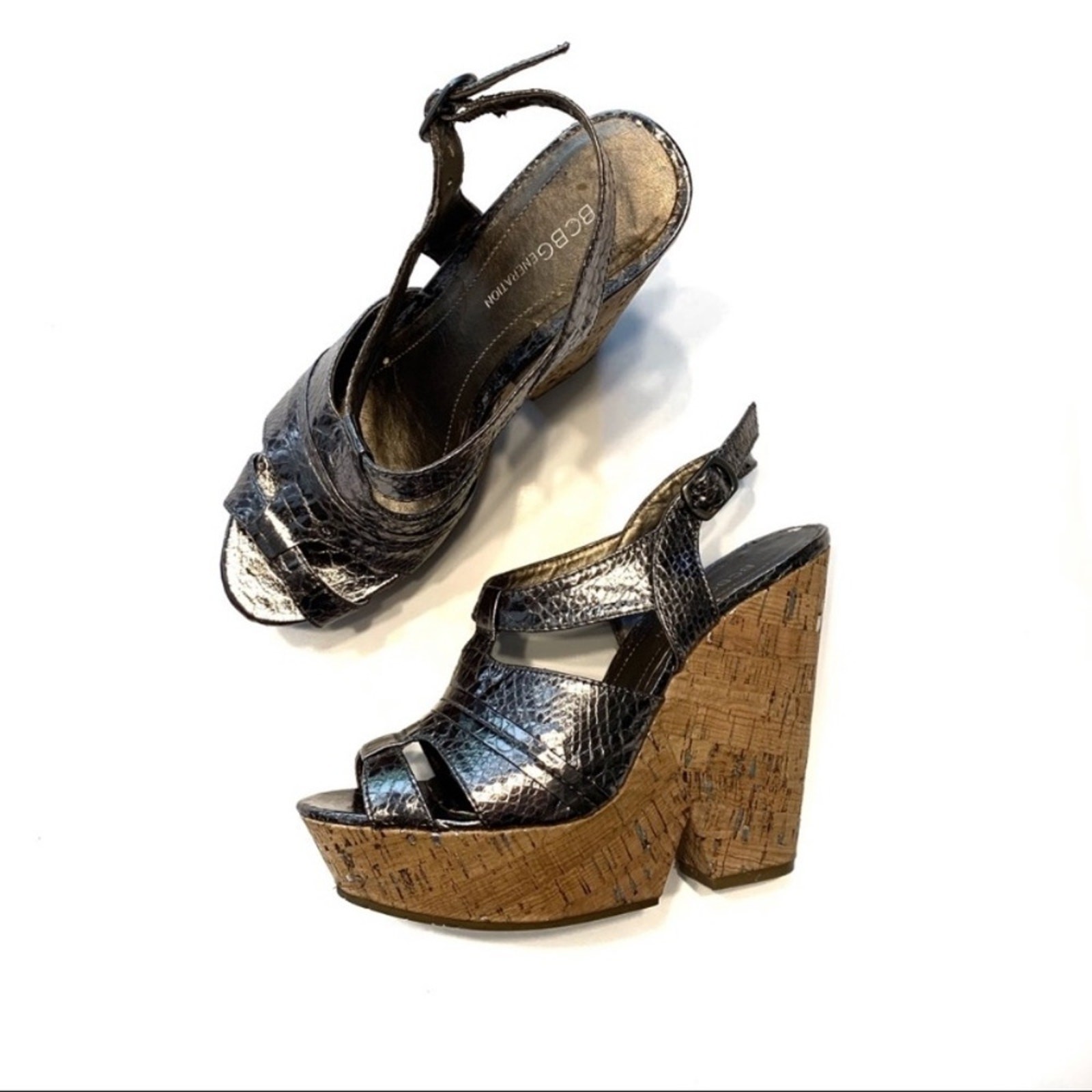 BCBGeneration Edelle Cork Platform Silver Wedges 8 - image 1
