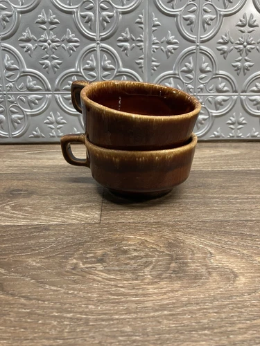 2 Vintage Hull Pottery Brown Drip Glazed Chili Soup handled bowls Oven Proof USA