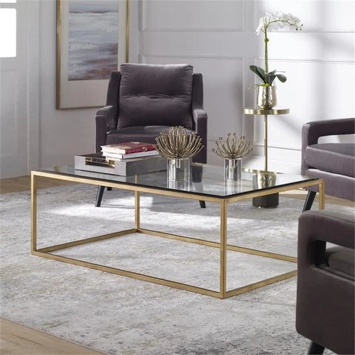 Uttermost Bravura Contemporary Iron and Tempered Glass Coffee Table in Gold - Picture 2 of 6