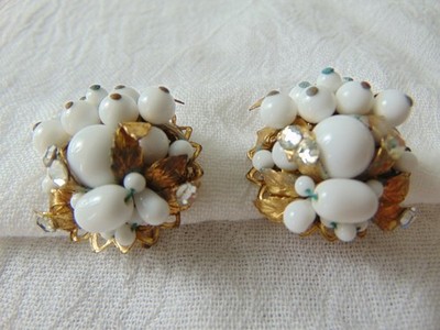 antique early Miriam Haskell milk glass crystals gold foliate clip on earrings