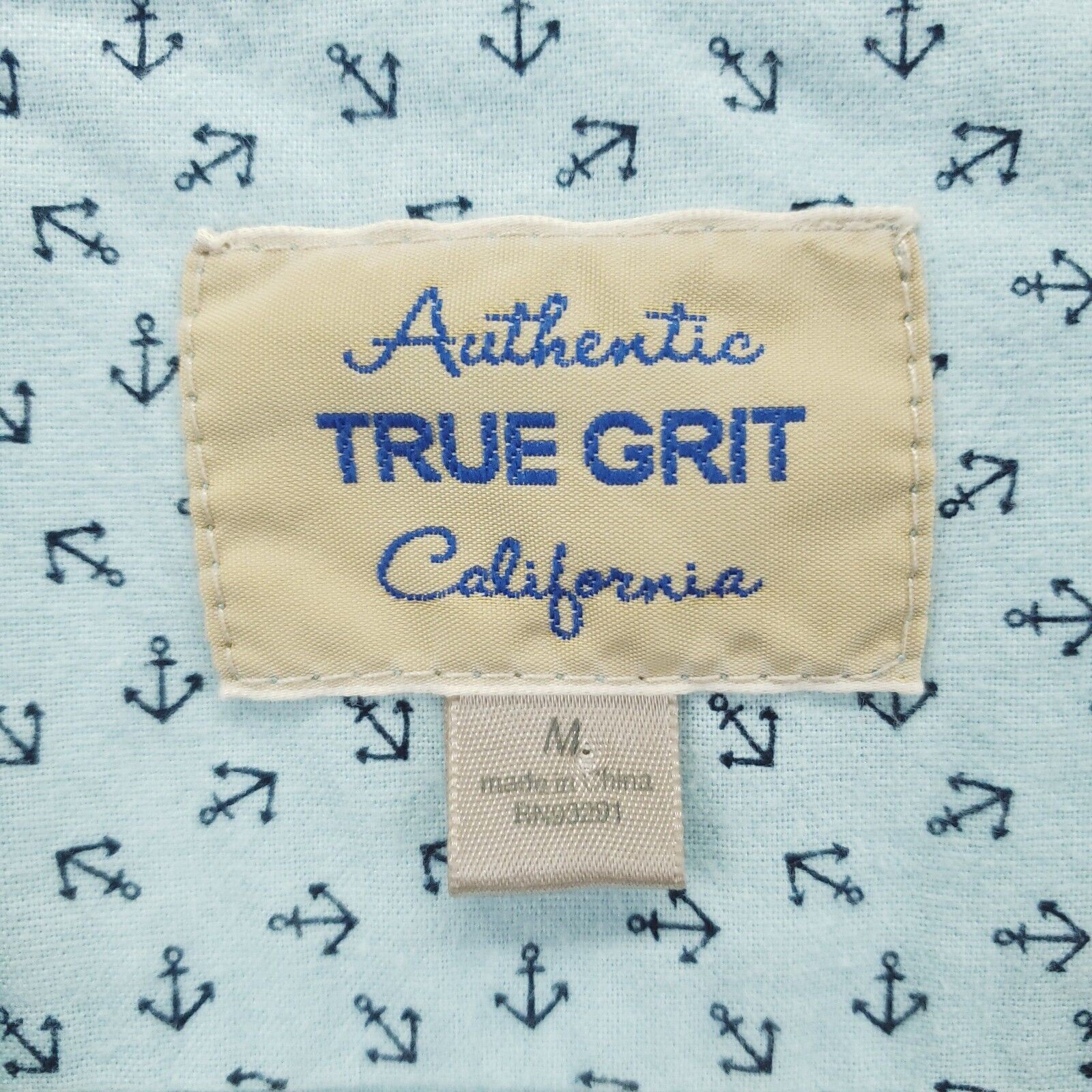True Grit Shirt Mens Medium Aqua Blue Cotton Anchor Nautical Classic Button-Up